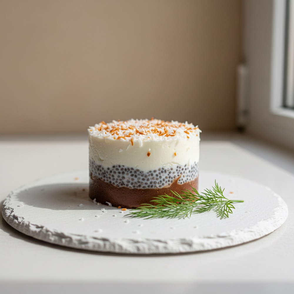 Десерт из кокосового йогурта, семян чиа, кэроба и кокосовой стружки